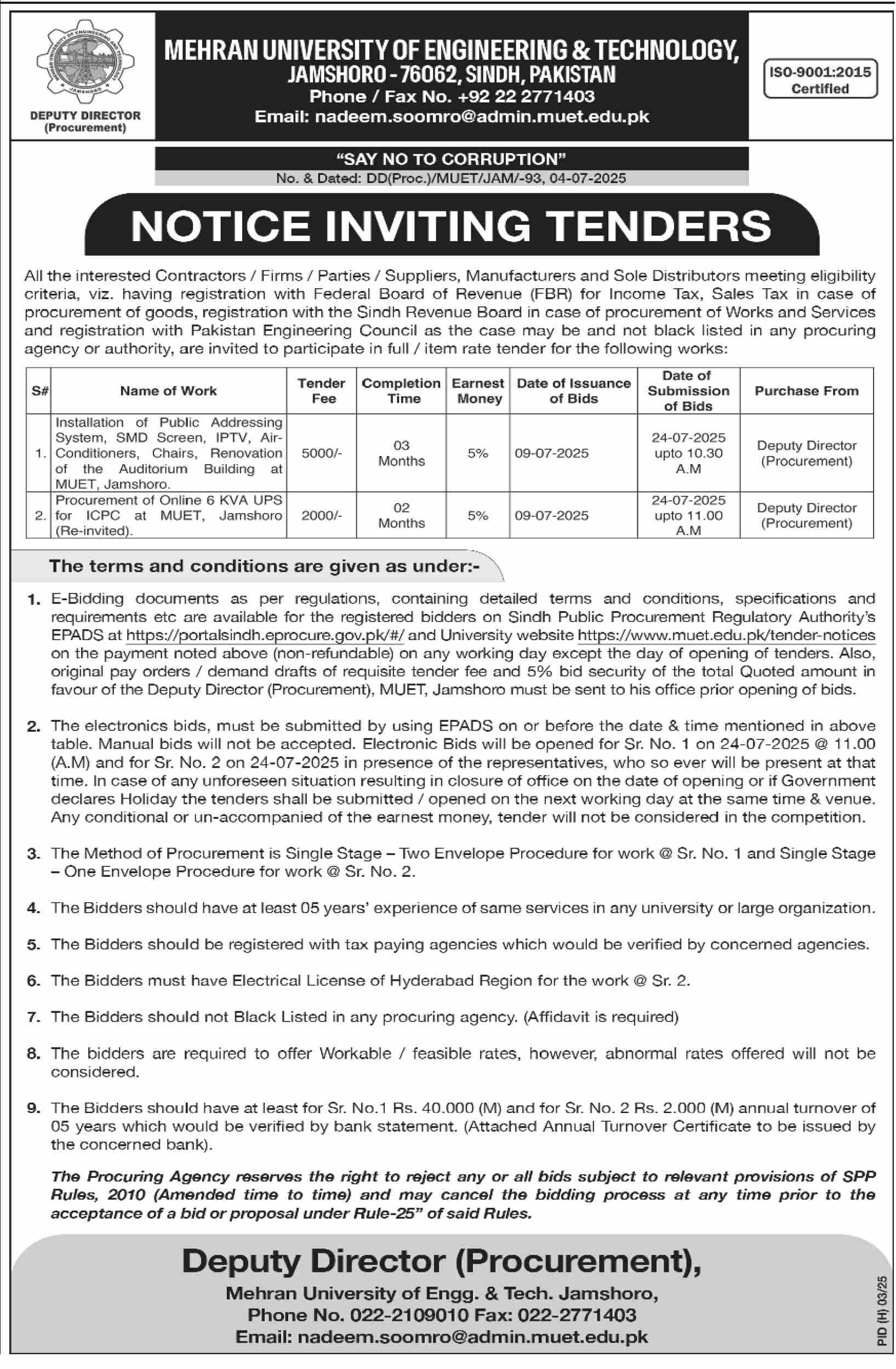 Mehran University of Engineering & Technology Jamshoro Tender Notice